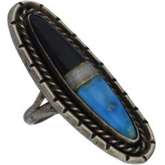 Navajo Elongated, Braided & Carved Turquoise, MOP & Onyx Inlay Ring - Size 4