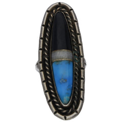 Navajo Elongated, Braided & Carved Turquoise, MOP & Onyx Inlay Ring - Size 4