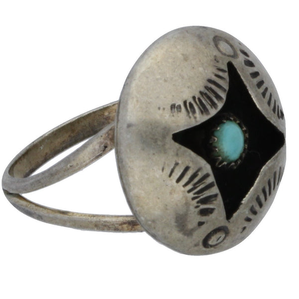 Zuni Hand-Punched Round Turquoise Shadowbox Ring - Size 5.5