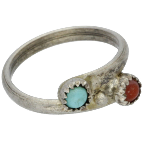 Zuni Handmade Turquoise & Coral Bypass Ring - Size 4.75