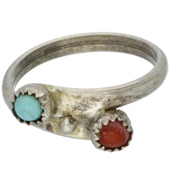 Zuni Handmade Turquoise & Coral Bypass Ring - Size 4.75