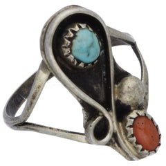 Navajo Handmade Turquoise & Coral Curve Ring - Size 7.75