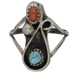 Navajo Handmade Turquoise & Coral Curve Ring - Size 7.75