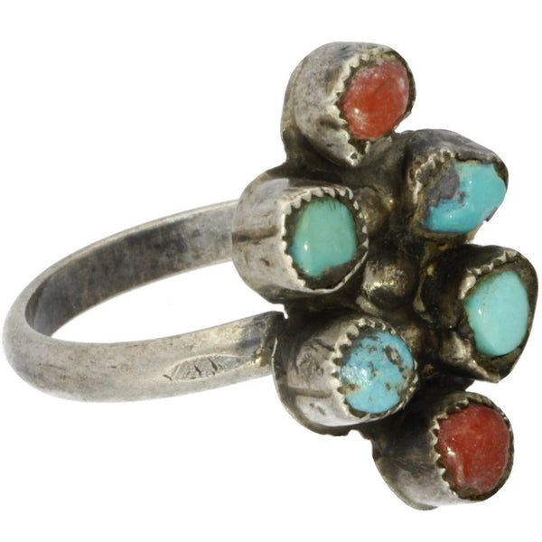 Zuni Handmade Turquoise & Coral Cluster Ring - Size 5.5