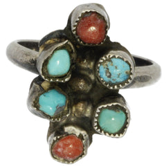 Zuni Handmade Turquoise & Coral Cluster Ring - Size 5.5