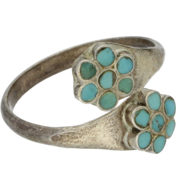 Zuni Handmade Turquoise Inlay Flower Bypass Ring - Size 4