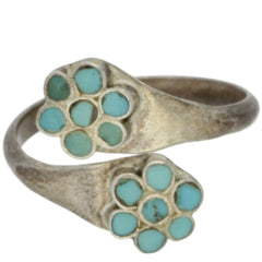 Zuni Handmade Turquoise Inlay Flower Bypass Ring - Size 4