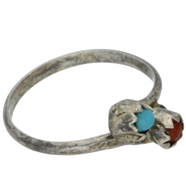 Zuni Handmade Turquoise & Coral Bypass Midi Ring - Size 3.75