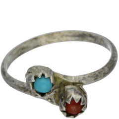 Zuni Handmade Turquoise & Coral Bypass Midi Ring - Size 3.75