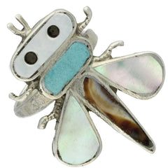 Zuni Handmade Turquoise, MOP & Abalone Inlay Dragonfly Ring - Size 6.5