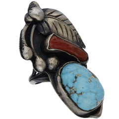 Navajo Elongated Turquoise & Coral Leaf Accent Ring - Size 3.5