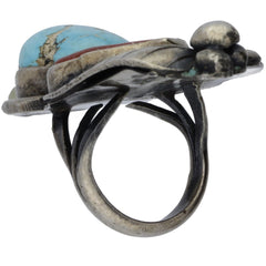 Navajo Elongated Turquoise & Coral Leaf Accent Ring - Size 3.5