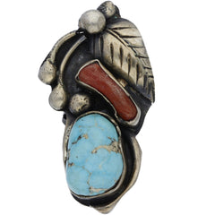 Navajo Elongated Turquoise & Coral Leaf Accent Ring - Size 3.5