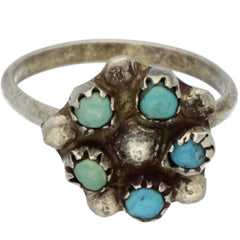 Zuni Handmade Multi-Color Snake Eye Turquoise Flower Ring - Size 5