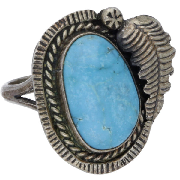 Navajo Handmade Braided Turquoise Feather Ring - Size 6.5