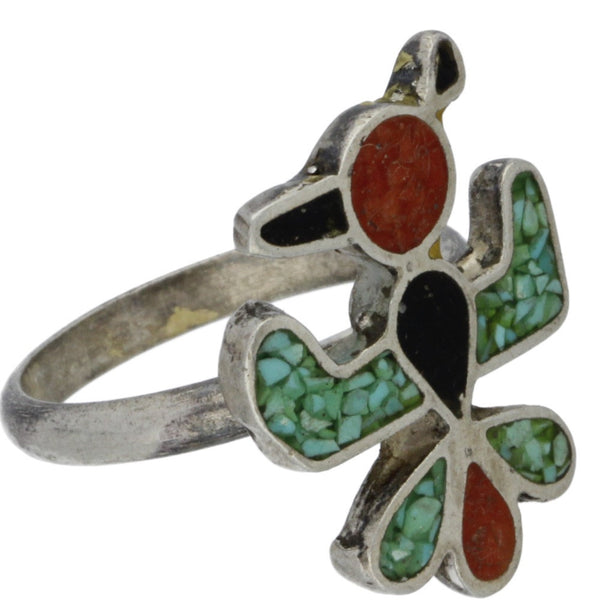 Zuni Handmade Coral, Onyx & Crushed Turquoise Thunderbird Ring - Size 6.25