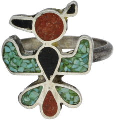 Zuni Handmade Coral, Onyx & Crushed Turquoise Thunderbird Ring - Size 6.25