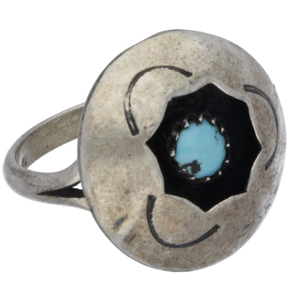 Zuni Hand-Punched Round Turquoise Shadow Box Ring - Size 5.5