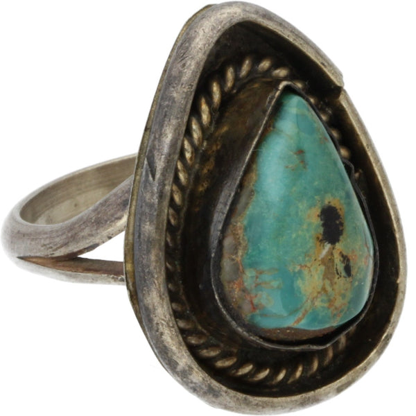 Navajo Handmade Braided Turquoise Tear Drop Ring - Size 7.25