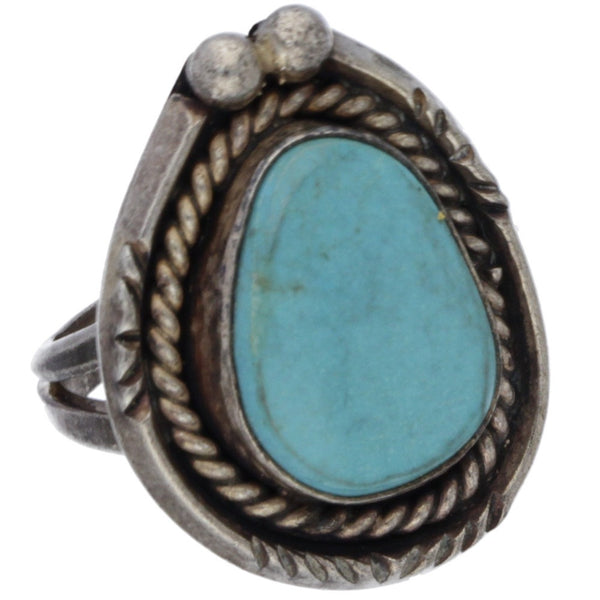 Navajo Handmade Braided, Dotted & Carved Turquoise Ring - Size 5