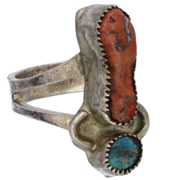 Navajo Handmade Organic Coral & Turquoise Stacked Ring - Size 4.25