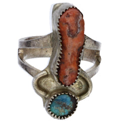 Navajo Handmade Organic Coral & Turquoise Stacked Ring - Size 4.25