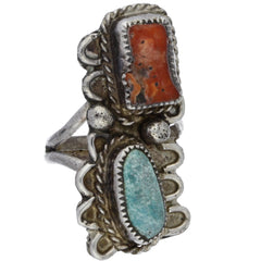 Navajo Elongated & Scalloped Coral & Turquoise Ring - Size 5.25