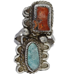 Navajo Elongated & Scalloped Coral & Turquoise Ring - Size 5.25