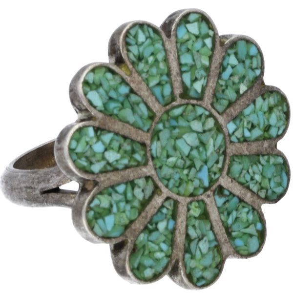 Zuni Handmade Crushed Turquoise Inlay Flower - Size 5.75