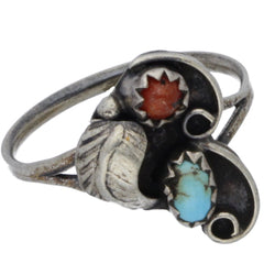 Navajo Handmade Turquoise & Coral Feather Ring - Size 5.5