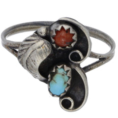 Navajo Handmade Turquoise & Coral Feather Ring - Size 5.5