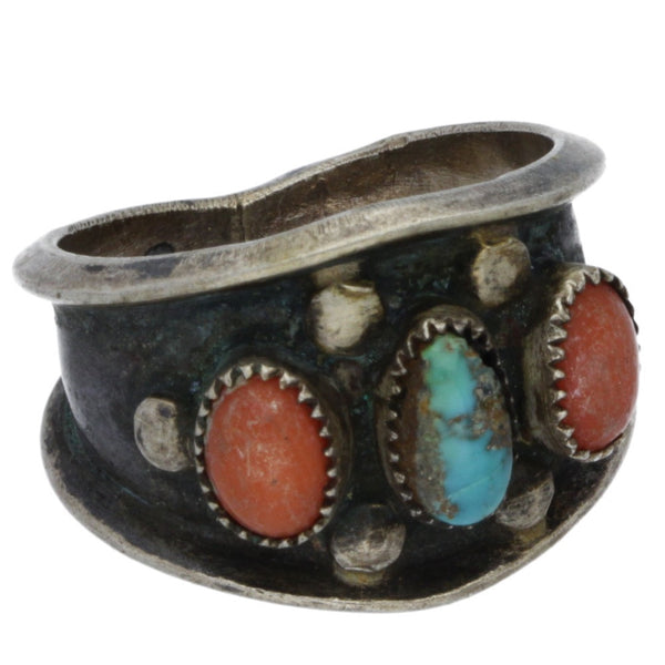 Navajo Handmade Turquoise & Coral Band Ring - Size 8.5