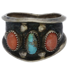 Navajo Handmade Turquoise & Coral Band Ring - Size 8.5