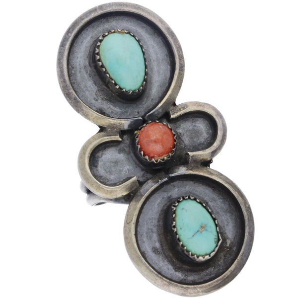 Navajo Elongated Large Turquoise & Coral Ring - Size 10.25