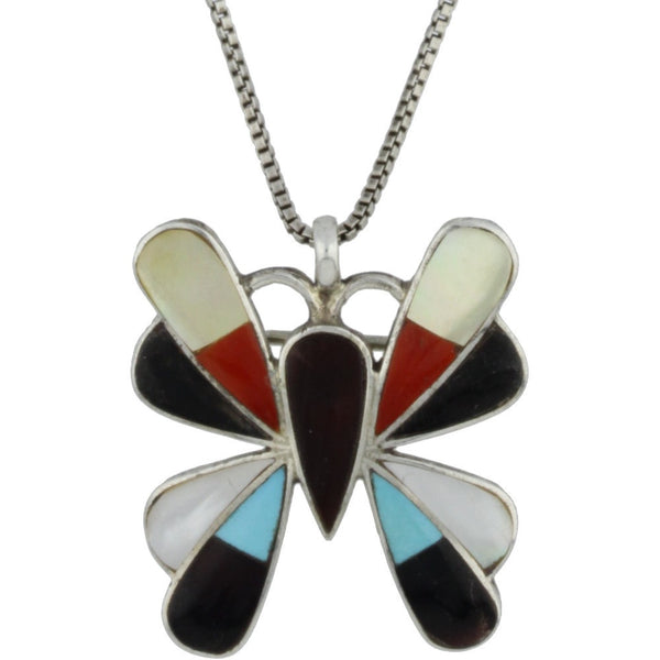 Zuni Handmade Onyx, Coral, Turquoise & MOP Butterfly Brooch/Necklace