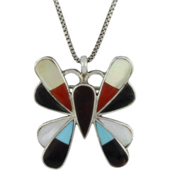 Zuni Handmade Onyx, Coral, Turquoise & MOP Butterfly Brooch/Necklace