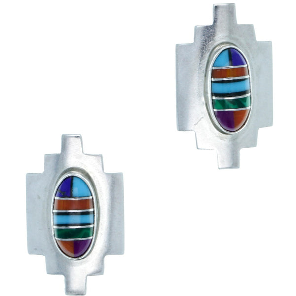 Zuni Handmade Turquoise, Lapis, & Malachite Inlay Stud Earrings