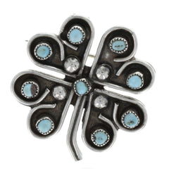 Zuni Handmade Turquoise Snake Eye Four-Leaf Clover Brooch