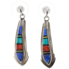 Zuni Handmade Lapis, Turquoise, & Coral Inlay Earrings