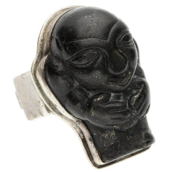 Carved Man Black Jade Ring - Size 6