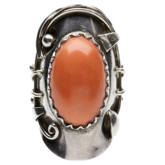 Bali Spiral Red Coral Cabochon Ring - Size 9