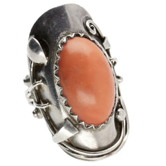 Bali Spiral Red Coral Cabochon Ring - Size 9