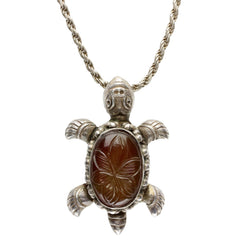 Handmade Carved Flower Turtle Necklace