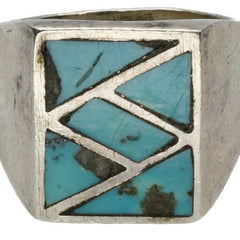 Navajo Geometric Turquoise Inlay Ring - Size 10.25