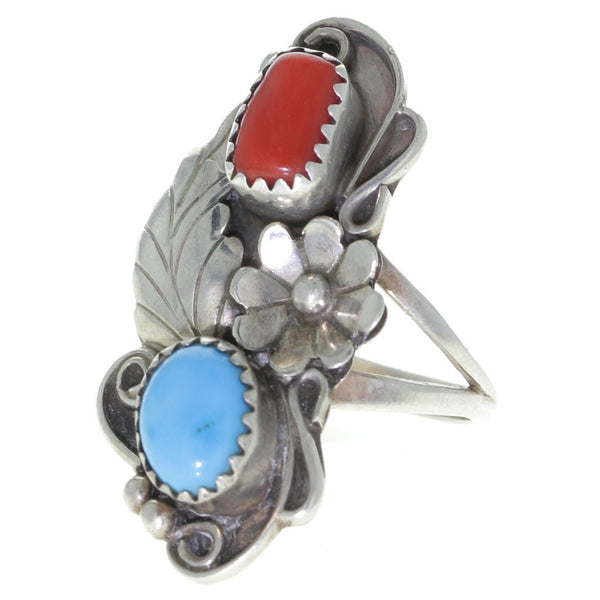 Navajo Handmade Angela Turquoise & Coral Ring - Size 8