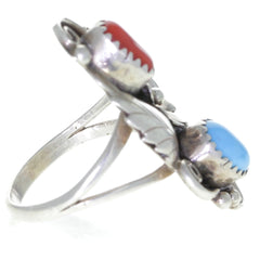 Navajo Handmade Angela Turquoise & Coral Ring - Size 8