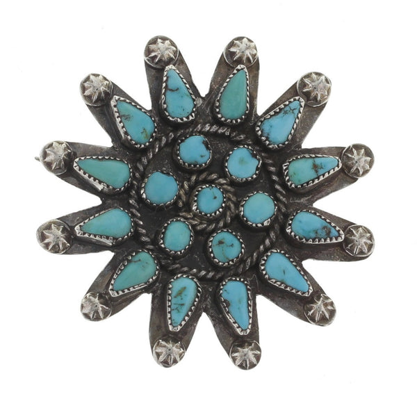 Zuni Handmade Petit Point Turquoise Flower Brooch