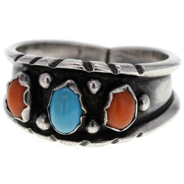 Navajo Handmade Dotted Turquoise & Coral Ring - Size 11