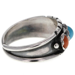 Navajo Handmade Dotted Turquoise & Coral Ring - Size 11