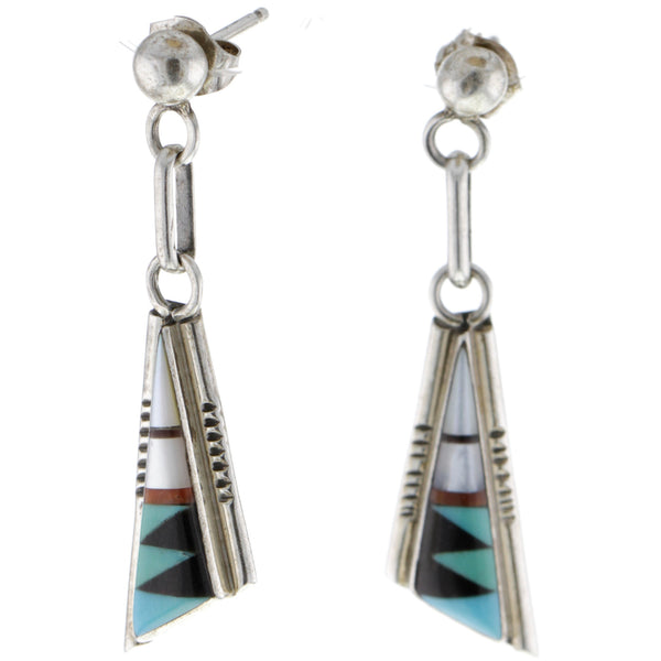 Zuni Handmade Signed Turquoise, Onyx, & Coral Inlay Triangle Dangle Earrings